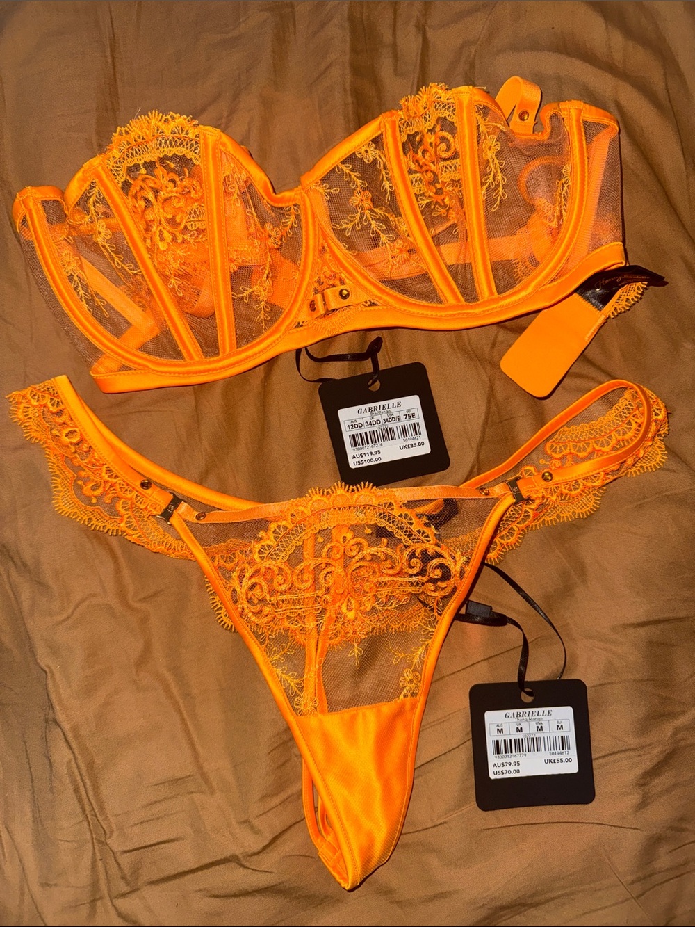 Honey Birdette Orange Lace Underwire Bra & Thong Lingerie Set
